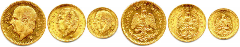 MEXIQUE États-Unis 1836-
TROIS monnaies en or (14,56 g) : 
Diez Pesos 1959,
Cinc...