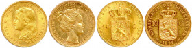 ROYAUME DE HOLLANDE - WILHELMINA 
23 novembre 1890 - 4 septembre 1948
DEUX monnaies en or (13,45 g) : 
10 Gulden (tête jeune) 1897, 
10 Gulden (tête j...