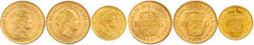 ROYAUME DE HOLLANDE - WILHELMINA 
1890-1948
TROIS monnaies en or (16,82 g) : 
10 Gulden (tête diadémée) 1917 et 5 Gulden 1912, 
10 Gulden (tête âgée) ...