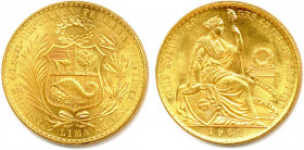 PÉROU République 28 juillet 1821-
100 Soles or 1962 Lima. (46,90 g) 
Fr 78
Superbe.
