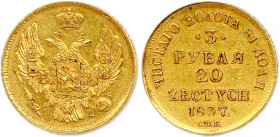 POLOGNE - NICOLAS Ier Tsar de Russie 
1er décembre 1825 - 2 mars 1855
20 Zlotych - 3 Roubles or 1837 Saint Petersbourg. (3,93 g) 
Fr 111
Rare. Très be...