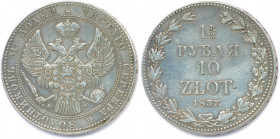 POLOGNE - NICOLAS Ier 1825-1855
1½ Rouble 10 Zlotych argent 1837 MW
Varsovie. 
(30,27 g)
Dav 284
Très beau.