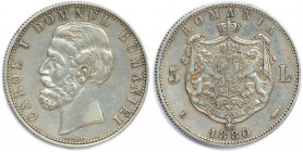 ROUMANIE - CHARLES Ier 1866-1914
5 Lei argent 1880 Bucarest. 
(24,93 g)
Dav 272
Très beau.