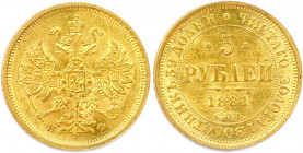 RUSSIE - ALEXANDRE III 
14 mars 1881 - 1er novembre 1894
5 Roubles or 1881 HФ - СПБ Saint-Petersbourg. (6,52 g) 
Fr 165
Rare. T.B.