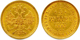 RUSSIE - ALEXANDRE III 1881-1894
5 Roubles or 1883 ДС - СПБ Saint-Petersbourg. (6,57 g) 
Fr 165
T.B.