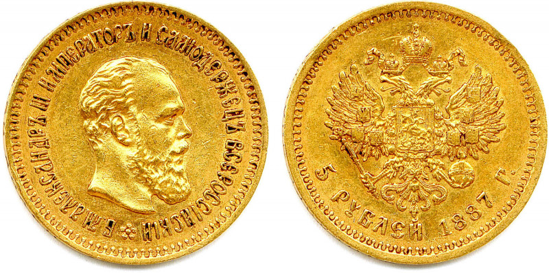 RUSSIE - ALEXANDRE III 1881-1894
5 Roubles or 1887 Saint-Petersbourg. (6,44 g) 
...