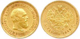 RUSSIE - ALEXANDRE III 1881-1894
5 Roubles or 1889 Saint-Petersbourg. (6,44 g) 
Fr 168
T.B.