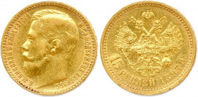 RUSSIE - NICOLAS II 1894-1917
15 Roubles or 1897 Saint-Petersbourg. (12,92 g) 
Fr 177
Très beau.