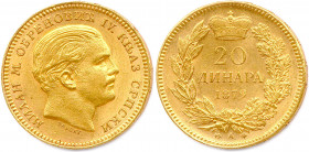 SERBIE - MILAN IV OBRENOVITCH 
10 juin 1868 - 6 mars 1889 Prince 1868-1882
20 Dinars or graveur Tasset. 
1879 A = Paris. (6,45 g) 
Fr 3
Très beau.