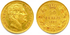 SERBIE - MILAN IV OBRENOVICH 1868-1889 
10 Dinars or graveur Scharff. 
1882 V = Vienne. (3,19 g) 
Fr 5
Très beau.
