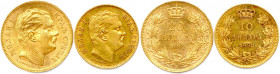SERBIE - MILAN IV OBRENOVITCH 1868-1889
DEUX monnaies en or (9,67 g les 2) : 
20 Dinars et 10 Dinars graveur Scharff.
1882 V = Vienne.
Fr 4 et 5
Très ...