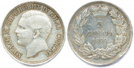 SERBIE - MILAN IV OBRENOVIC 1868-1889
5 Dinar argent graveur Tasset.
1879 V = Vienne. 
(24,97 g)
Dav 304
T.B.