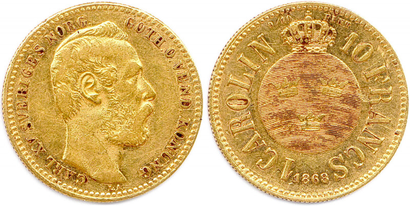 SUÈDE - CHARLES XV JOHAN 
8 juillet 1859 - 18 septembre 1872
Carolin - 10 Francs...