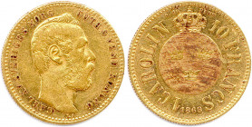 SUÈDE - CHARLES XV JOHAN 
8 juillet 1859 - 18 septembre 1872
Carolin - 10 Francs or 1868 Stockholm. (3,27 g) 
Fr 92
Très beau.