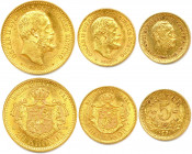 SUÈDE - OSCAR II 
18 septembre 1872 - 8 décembre 1907
TROIS monnaies en or (15,73 g) : 
20 Kronor et 10 Kronor 1901, 
5 Kronor 1894. Stockholm. 
Fr 93...