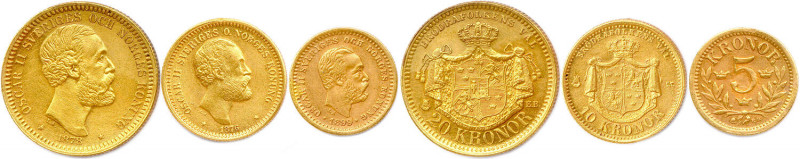 SUÈDE - OSCAR II 1872-1907
TROIS monnaies en or (15,66 g) : 
20 Kronor 1878, 10 ...