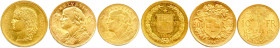 SUISSE Confédération Helvétique 
TROIS monnaies en or (16,15 g) : 
20 Francs Helvetia 1886, 
20 Francs Vreneli 1947 Berne, 
10 Francs Vrénéli 1922 Ber...