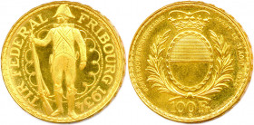 SUISSE Canton de FRIBOURG 
100 Francs or Tir fédéral de Fribourg 1934. (26,00 g) 
Bon pour 100 F remboursable avant le 31 août 1934.
Fr 505
Flan bruni...