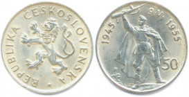 TCHÉCOSLOVAQUIE 3e République 
5 avril 1945 - 31 décembre 1992
50 Korun argent 1955. 
(20,06 g) 
Superbe.