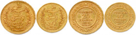 TUNISIE SOUS LE PROTECTORAT 
ALI III BEY (1882-1902) 
12 mai 1881 - 20 mars 1956
DEUX monnaies en or (9,66 g) : 
20 Francs 1898 Paris et 10 Francs 189...