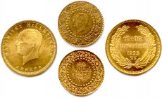 TURQUIE - ATATURK Président 
29 octobre 1923 - 10 novembre 1938
DEUX monnaies en or (8,95 g) : 
100 Kurush 1923-1935 et 25 Kurush 1961. 
Superbes.