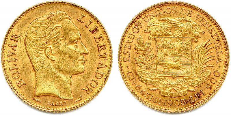 VÉNÉZUELA - BOLIVAR 
20 Bolivares or du graveur Barre 1905 Paris. (6,44 g) 
Fr 5...