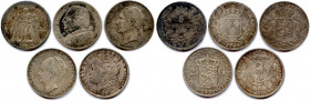 Lot de 5 monnaies d’argent de France et étranger : 
FRANCE 5 Francs Louis XVIII 1815 Paris, 5 Francs Hercule 1873 Paris,
BELGIQUE 5 Francs Léopold Ier...