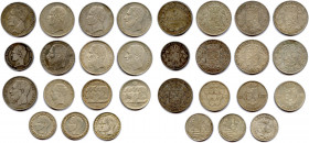 Lot de 15 monnaies d’argent de Belgique : 
Léopold Ier 5 francs 1848, 1850, 1852, 1868 et 2 Francs 1848,
Léopold II 5 Francs 1869, 1870, 1871, 1873,
L...