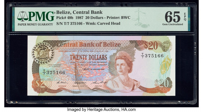 Belize Central Bank 20 Dollars 1.1.1987 Pick 49b PMG Gem Uncirculated 65 EPQ. 

...