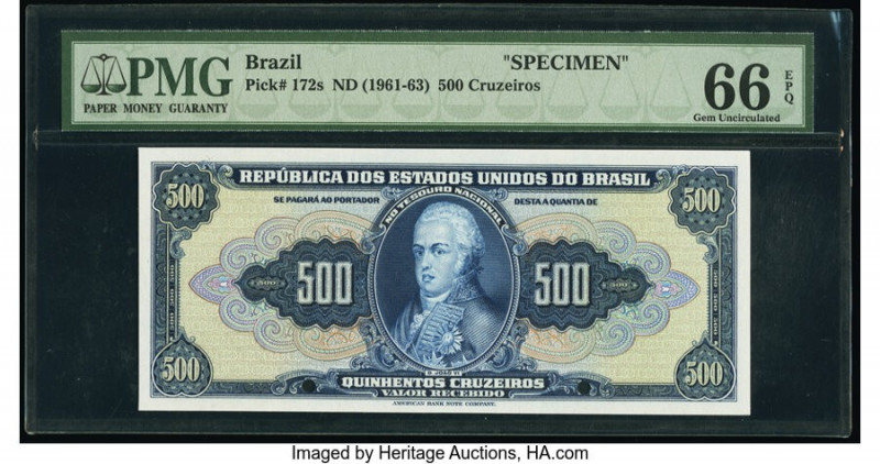 Brazil Tesouro Nacional 500 Cruzeiros ND (1961-63) Pick 172s Specimen PMG Gem Un...