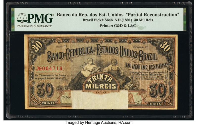 Brazil Banco da Republica dos Estados Unidos 30 Mil Reis 7.12.1890 Pick S646 Par...