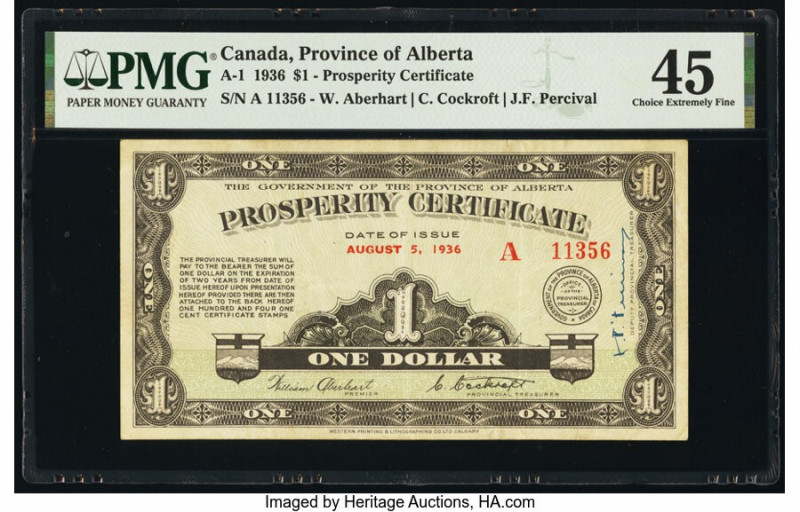 Canada Province of Alberta Prosperity Certificate $1 5.8.1936 Pick UNL A-1 PMG C...