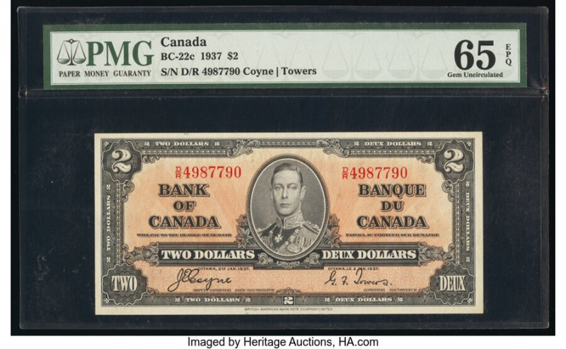 Canada Bank of Canada $2 2.1.1937 Pick 59c BC-22c PMG Gem Uncirculated 65 EPQ. 
...