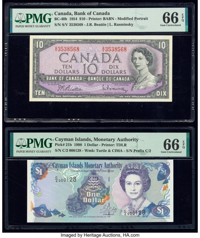 Canada Bank of Canada $10 1954 Pick 79b BC-40b PMG Gem Uncirculated 66 EPQ; Caym...