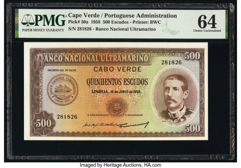 Cape Verde Banco Nacional Ultramarino 500 Escudos 16.6.1958 Pick 50a PMG Choice ...