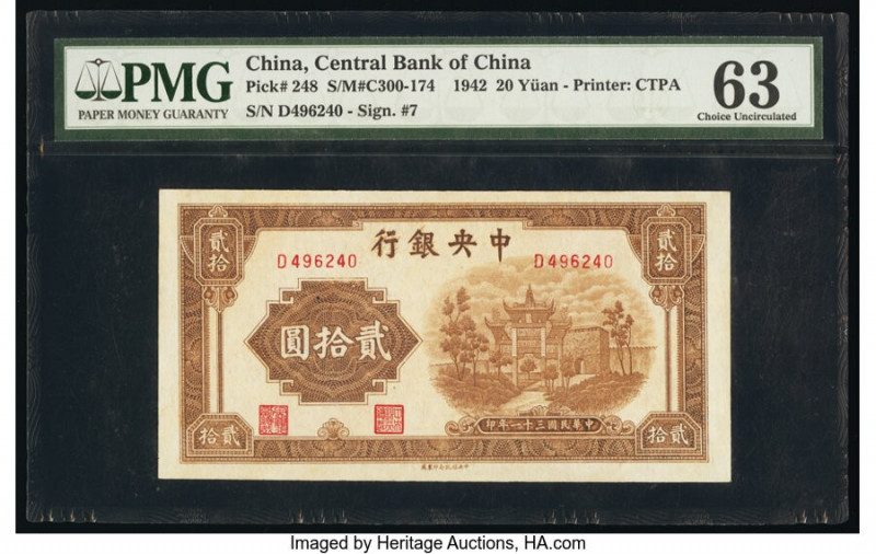China Central Bank of China 20 Yuan 1942 Pick 248 S/M#C300-174 PMG Choice Uncirc...