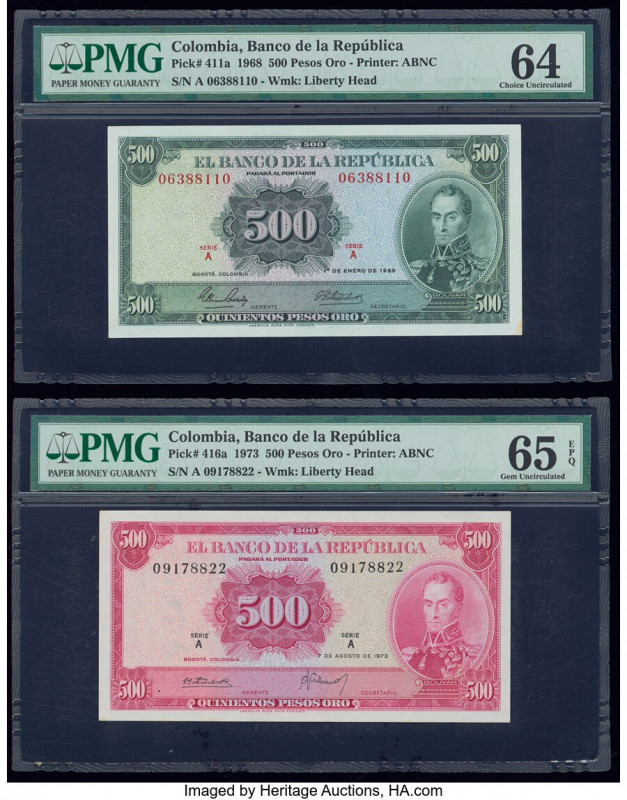 Colombia Banco de la Republica 500 Pesos Oro 1.1.1968; 7.8.1973 Pick 411a; 416a ...