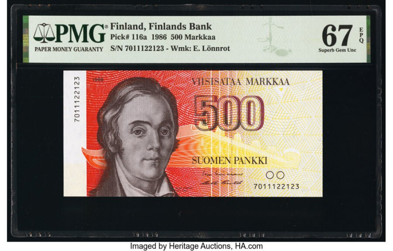 Finland Finlands Bank 500 Markkaa 1986 Pick 116a PMG Superb Gem Unc 67 EPQ. 

HI...