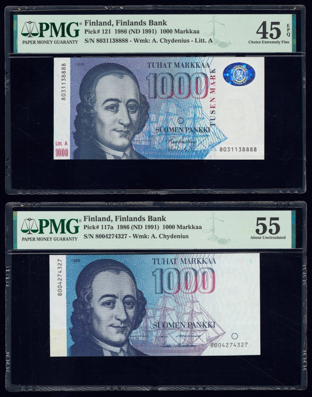 Finland Finlands Bank 1000 Markkaa 1986 (ND 1991) Pick 117a; 121 Two examples PM...