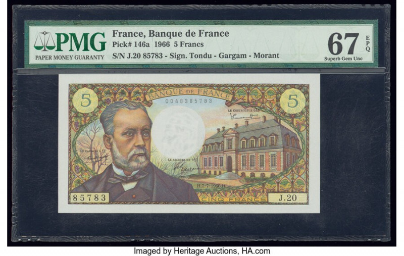 France Banque de France 5 Francs 7.7.1966 Pick 146a PMG Superb Gem Unc 67 EPQ. 
...