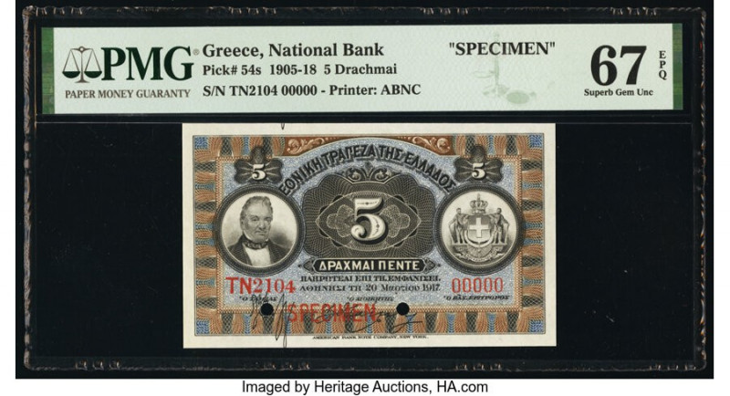 Greece National Bank of Greece 5 Drachmai 1917 Pick 54s Specimen PMG Superb Gem ...