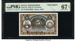 Greece National Bank of Greece 5 Drachmai 1917 Pick 54s Specimen PMG Superb Gem Unc 67 EPQ. Red Specimen overprints and two POCs.

HID09801242017

© 2...