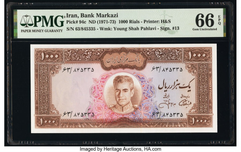 Iran Bank Markazi 1000 Rials ND (1971-73) Pick 94c PMG Gem Uncirculated 66 EPQ. ...
