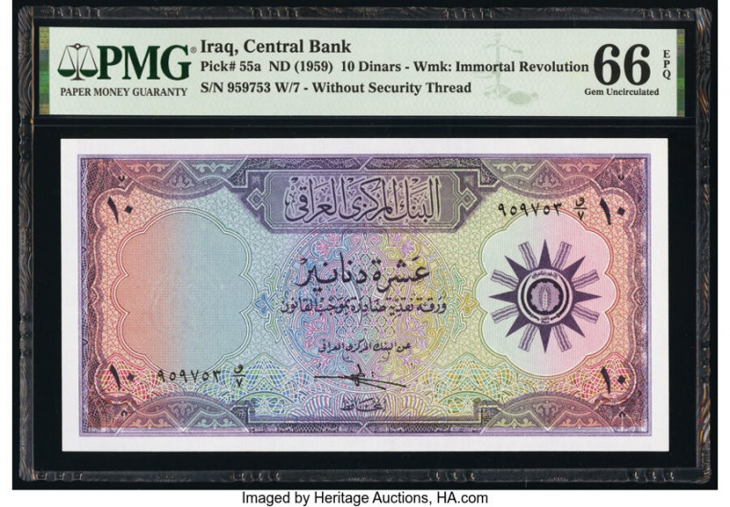 Iraq Central Bank of Iraq 10 Dinars ND (1959) Pick 55a PMG Gem Uncirculated 66 E...
