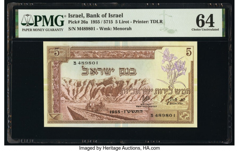 Israel Bank of Israel 5 Lirot 1955 / 5715 Pick 26a PMG Choice Uncirculated 64. 
...