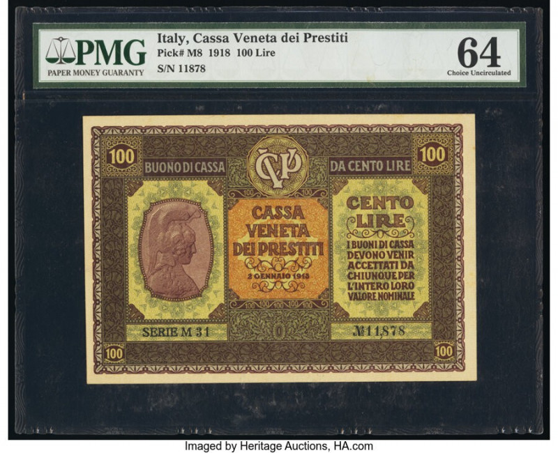 Italy Cassa Veneta dei Prestiti 100 Lire 1918 Pick M8 PMG Choice Uncirculated 64...