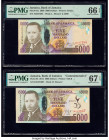 Jamaica Bank of Jamaica 5000 Dollars 15.1.2009; 6.8.2012 Pick 87a; 93 Two Commemorative Examples PMG Gem Uncirculated 66 EPQ; Superb Gem Unc 67 EPQ. 
...