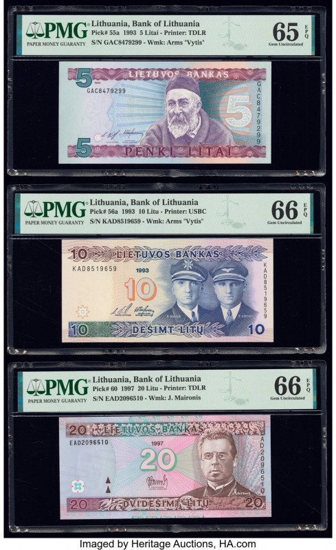 Lithuania Bank of Lithuania 5 Litai; 10; 20 Litu 1993 (2); 1997 Pick 55a; 56a; 6...