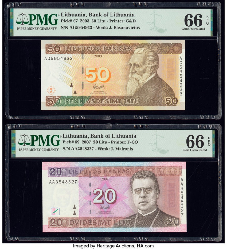 Lithuania Bank of Lithuania 50; 20 Litu 2003; 2007 Pick 67; 69 Two Examples PMG ...