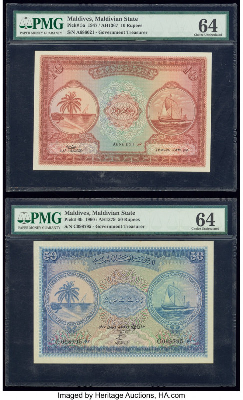 Maldives Maldivian State Government 10; 50 Rufiyaa 1947; 1960 Pick 5a; 6b Two Ex...